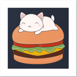 Kawaii Cute Cat On Burger T-Shirt Posters and Art